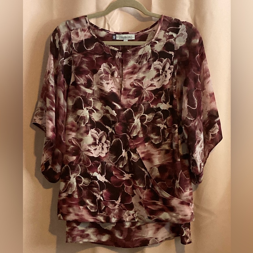 Jennifer Lopez Burgundy and Cream Floral Blouse - Picture 1 of 1